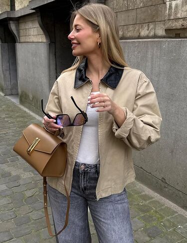 Shiyifa Womens Cropped Barn Jacket Contrast Collar Canvas Jackets Lightweight Utility Coat with Pockets in Saudi Arabia