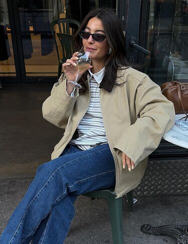 Shiyifa Womens Cropped Barn Jacket Contrast Collar Canvas Jackets Lightweight Utility Coat with Pockets in Saudi Arabia