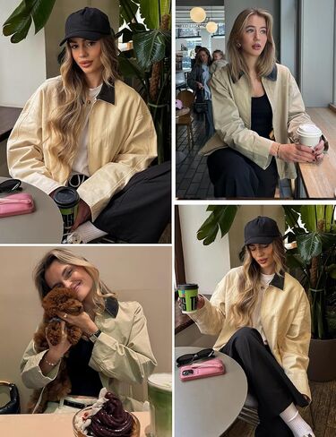 Shiyifa Womens Cropped Barn Jacket Contrast Collar Canvas Jackets Lightweight Utility Coat with Pockets in Saudi Arabia