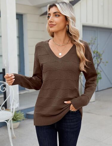 Zeagoo Womens Sweaters Fall Casual Long Sleeve V Neck Shirts Lightweight Crochet Ribbed Knit Pullover Tops Outfits in Saudi Arabia