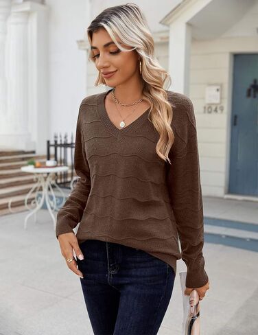 Zeagoo Womens Sweaters Fall Casual Long Sleeve V Neck Shirts Lightweight Crochet Ribbed Knit Pullover Tops Outfits in Saudi Arabia
