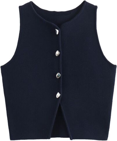 FindThy Women’s Cropped Knit Vest Trendy Crewneck Sleeveless Button Down Slim Fit Solid Color Summer Gilet Tank Tops in Saudi Arabia