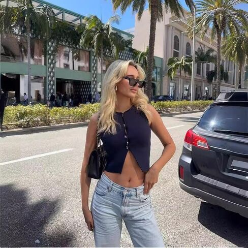 FindThy Women’s Cropped Knit Vest Trendy Crewneck Sleeveless Button Down Slim Fit Solid Color Summer Gilet Tank Tops in Saudi Arabia