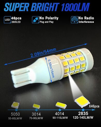 2025 New Upgrade 912 921 LED Reverse Lights Bulb,906 922 W16W LED Bulb Replacement for Back Up Lights，T15 Backup Cargo Lights For Car Trunks 6000K Xenon White (2pcs) in Kuwait