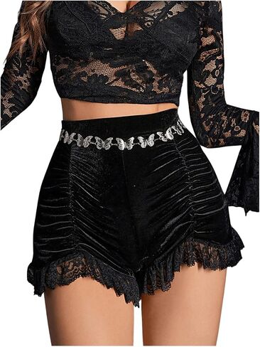Wdirara Women's Velvet Contrast Lace Ruched High Weist Shorts High Wothic in Saudi Arabia