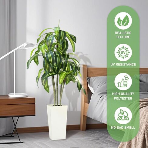 Dracaena Artificial Plant - 4ft Faux Tree with Planter White, UV-Resistant Tropical Faux Dracaena Tree Indoor for Home Decor, Bedroom, Living Room, Porch, Patio, Outdoor Housewarming Gift in Saudi Arabia