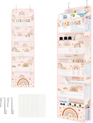 Clastyle Boho Rainbow Kids Over the Door Organizer with 5 Large Pockets Pink Nursery Hanging Storage Organizer Clothes Diaper Toy Cloud Closet Door Hanging Shelf Storage for Bedroom Bathroom Pantry in Kuwait