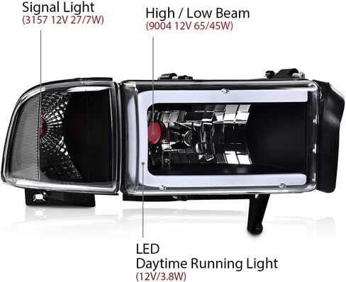 G-PLUS LED Light Strip Headlights w/o Bulbs Fit Dodge Ram 1500 1994-2001/Dodge Ram 2500 3500 1994-2002 Clear Lens Black Housing Clear Reflector Bumper Headlamps,faros delanteros Assembly in Saudi Arabia