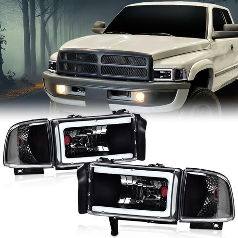 G-PLUS LED Light Strip Headlights w/o Bulbs Fit Dodge Ram 1500 1994-2001/Dodge Ram 2500 3500 1994-2002 Clear Lens Black Housing Clear Reflector Bumper Headlamps,faros delanteros Assembly in Saudi Arabia