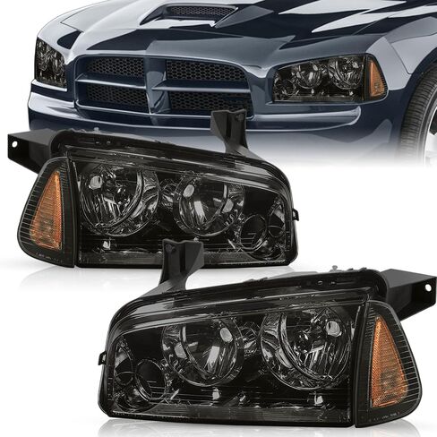 Halogen 4Pcs Headlights Assembly Set for 2006-2010 Dodge Charger Headlamp with Corner Light Replacement OE Headlamp (Smoke Black) in Saudi Arabia