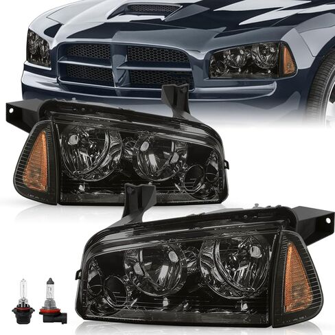 Halogen 4Pcs Headlights Assembly Set for 2006-2010 Dodge Charger Headlamp with Corner Light Replacement OE Headlamp (Smoke Black) in Saudi Arabia