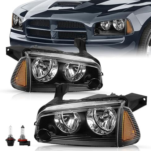 Halogen 4Pcs Headlights Assembly Set for 2006-2010 Dodge Charger Headlamp with Corner Light Replacement OE Headlamp (Smoke Black) in Saudi Arabia