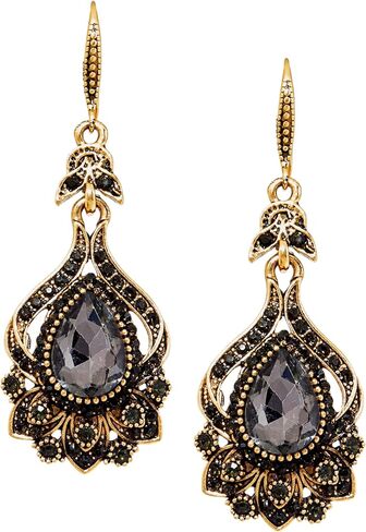 MINACHI Bohemian Antique Style Flower Pattern Gold-Toned Alloy Black Stone Drop Earrings for Women in Kuwait