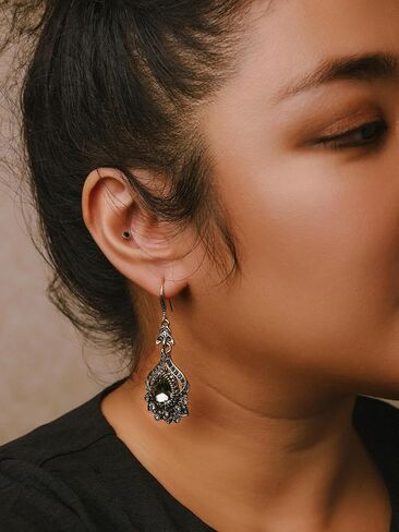 MINACHI Bohemian Antique Style Flower Pattern Gold-Toned Alloy Black Stone Drop Earrings for Women in Kuwait