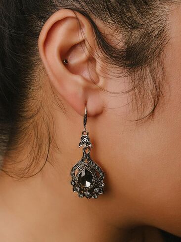 MINACHI Bohemian Antique Style Flower Pattern Gold-Toned Alloy Black Stone Drop Earrings for Women in Kuwait