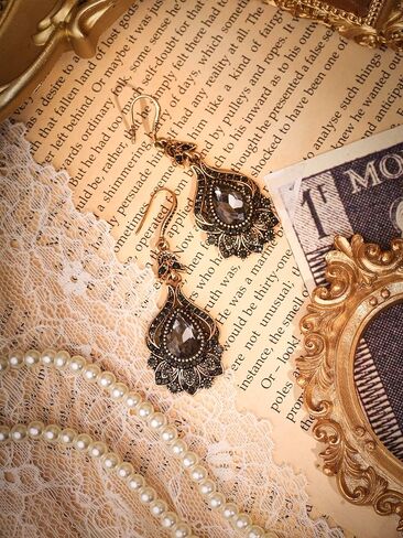 MINACHI Bohemian Antique Style Flower Pattern Gold-Toned Alloy Black Stone Drop Earrings for Women in Kuwait