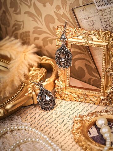 MINACHI Bohemian Antique Style Flower Pattern Gold-Toned Alloy Black Stone Drop Earrings for Women in Kuwait