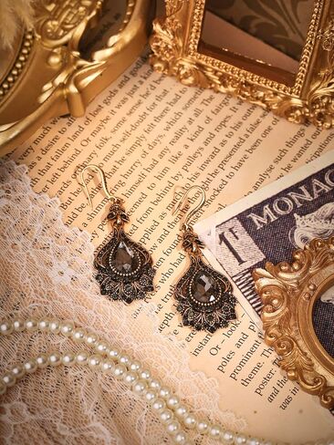 MINACHI Bohemian Antique Style Flower Pattern Gold-Toned Alloy Black Stone Drop Earrings for Women in Kuwait