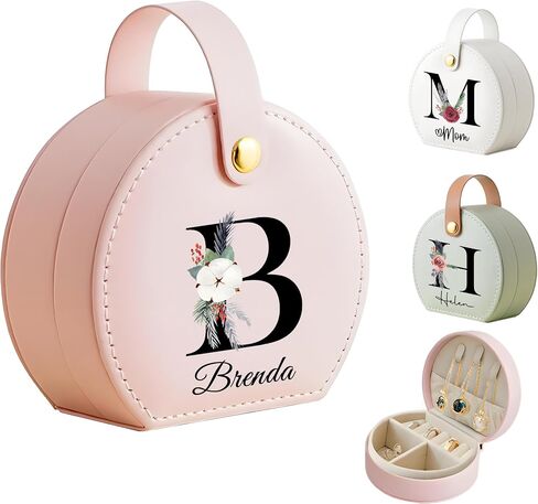 Ships Next Day, Small Travel Jewelry Case with Custom Initial and Name, Personalized Jewelry Box Organizer for Traveling, Half-Moon Design Case with Handle, Graduation Gifts for Best Friends in Saudi Arabia
