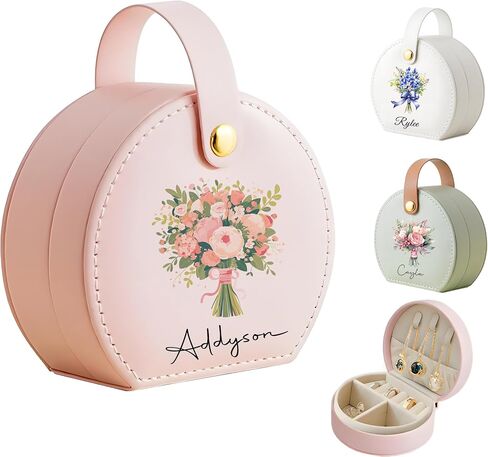 Ships Next Day, Small Travel Jewelry Case with Custom Initial and Name, Personalized Jewelry Box Organizer for Traveling, Half-Moon Design Case with Handle, Graduation Gifts for Best Friends in Saudi Arabia