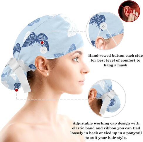 Aesthetic Butterfly Scrub Caps Surgical Women with Buttons Sweatband and Hairband Surgical Caps for Long Hair Women in Saudi Arabia