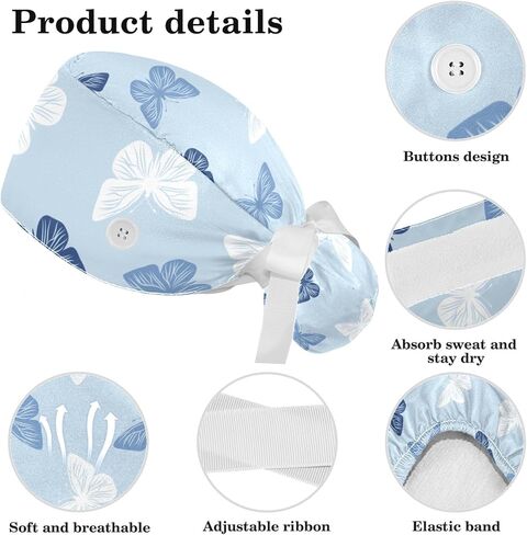 Aesthetic Butterfly Scrub Caps Surgical Women with Buttons Sweatband and Hairband Surgical Caps for Long Hair Women in Saudi Arabia