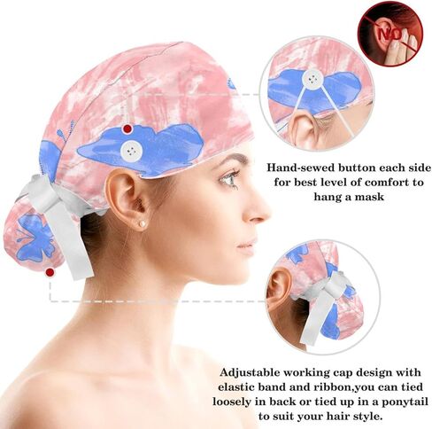 Aesthetic Butterfly Scrub Caps Surgical Women with Buttons Sweatband and Hairband Surgical Caps for Long Hair Women in Saudi Arabia