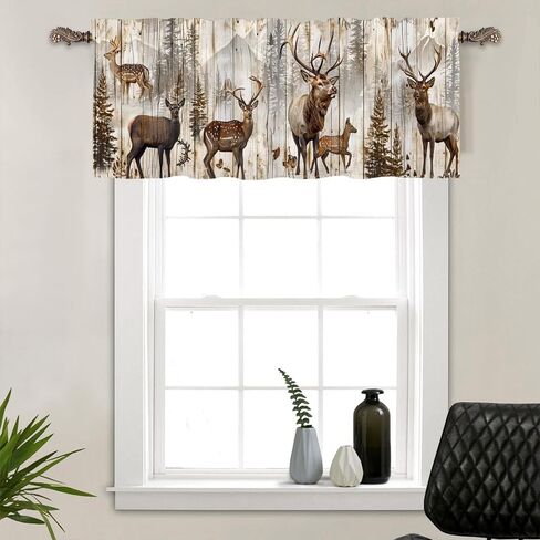 1 Panel Farmhouse Forest Deer Curtain Valance for Windows, Retro Rustic Animal Theme Rod Pocket Short Window Treatment Decor Drapes for Kitchen, Bathroom, 54" X 18" in Kuwait
