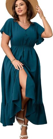 RWJ Women Plus Size Maxi Dress V Neck Short Sleeve Button Trim Split Flowy Tiered Casual Long Dresses 2025 L-3XL in Saudi Arabia