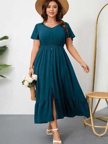 RWJ Women Plus Size Maxi Dress V Neck Short Sleeve Button Trim Split Flowy Tiered Casual Long Dresses 2025 L-3XL in Saudi Arabia