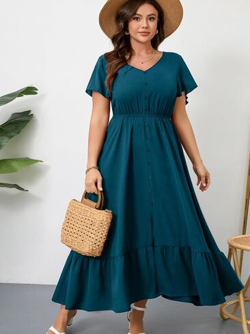 RWJ Women Plus Size Maxi Dress V Neck Short Sleeve Button Trim Split Flowy Tiered Casual Long Dresses 2025 L-3XL in Saudi Arabia