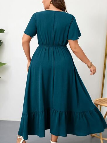 RWJ Women Plus Size Maxi Dress V Neck Short Sleeve Button Trim Split Flowy Tiered Casual Long Dresses 2025 L-3XL in Saudi Arabia