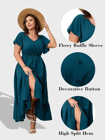 RWJ Women Plus Size Maxi Dress V Neck Short Sleeve Button Trim Split Flowy Tiered Casual Long Dresses 2025 L-3XL in Saudi Arabia