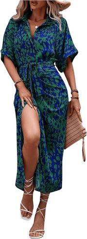 MakeMeChic Women's High Waist Belted Shirt Dress High Split Printed Collar Neck Short Sleeve Midi Dress in Saudi Arabia