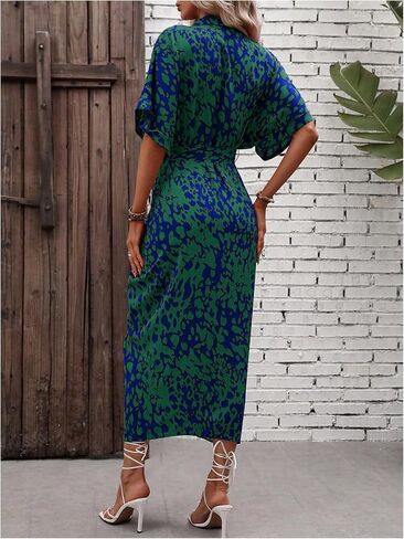 MakeMeChic Women's High Waist Belted Shirt Dress High Split Printed Collar Neck Short Sleeve Midi Dress in Saudi Arabia