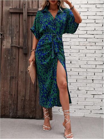 MakeMeChic Women's High Waist Belted Shirt Dress High Split Printed Collar Neck Short Sleeve Midi Dress in Saudi Arabia