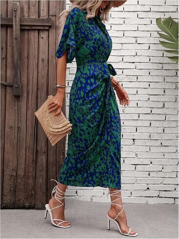 MakeMeChic Women's High Waist Belted Shirt Dress High Split Printed Collar Neck Short Sleeve Midi Dress in Saudi Arabia