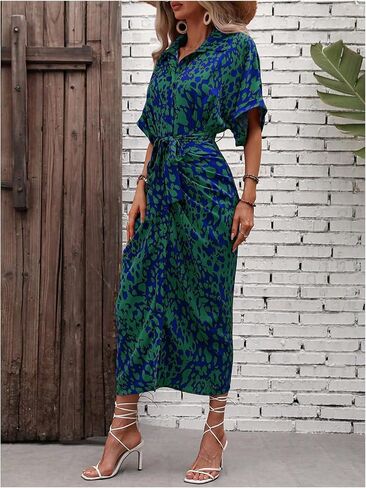 MakeMeChic Women's High Waist Belted Shirt Dress High Split Printed Collar Neck Short Sleeve Midi Dress in Saudi Arabia