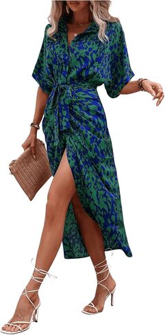 MakeMeChic Women's High Waist Belted Shirt Dress High Split Printed Collar Neck Short Sleeve Midi Dress in Saudi Arabia