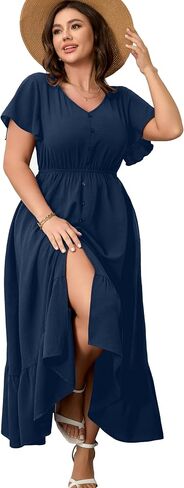 RWJ Women Plus Size Maxi Dress V Neck Short Sleeve Button Trim Split Flowy Tiered Casual Long Dresses 2025 L-3XL in Saudi Arabia
