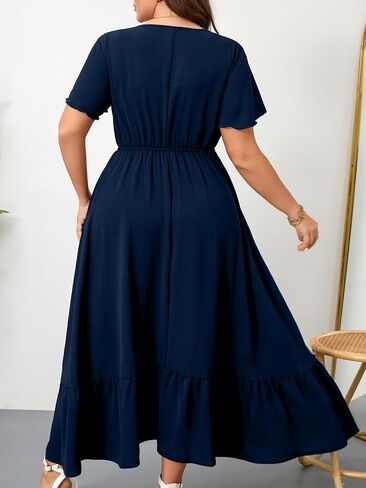 RWJ Women Plus Size Maxi Dress V Neck Short Sleeve Button Trim Split Flowy Tiered Casual Long Dresses 2025 L-3XL in Saudi Arabia