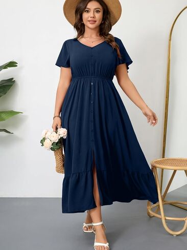 RWJ Women Plus Size Maxi Dress V Neck Short Sleeve Button Trim Split Flowy Tiered Casual Long Dresses 2025 L-3XL in Saudi Arabia