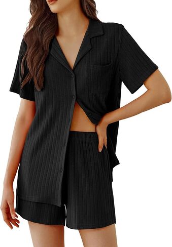 Ekouaer Pajamas 2 Piece Lounge Sets Ribbed Knit Sleepwear Button Down Loungewear Shorts pjs Summer Outfit S-XXL in Saudi Arabia