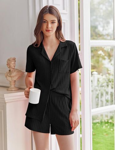 Ekouaer Pajamas 2 Piece Lounge Sets Ribbed Knit Sleepwear Button Down Loungewear Shorts pjs Summer Outfit S-XXL in Saudi Arabia