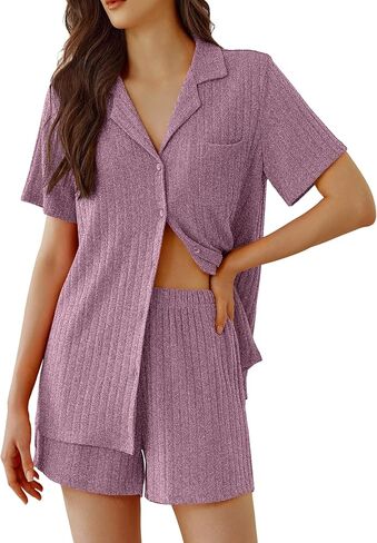 Ekouaer Pajamas 2 Piece Lounge Sets Ribbed Knit Sleepwear Button Down Loungewear Shorts pjs Summer Outfit S-XXL in Saudi Arabia