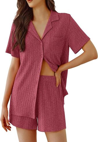 Ekouaer Pajamas 2 Piece Lounge Sets Ribbed Knit Sleepwear Button Down Loungewear Shorts pjs Summer Outfit S-XXL in Saudi Arabia