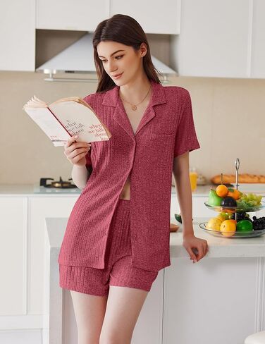 Ekouaer Pajamas 2 Piece Lounge Sets Ribbed Knit Sleepwear Button Down Loungewear Shorts pjs Summer Outfit S-XXL in Saudi Arabia