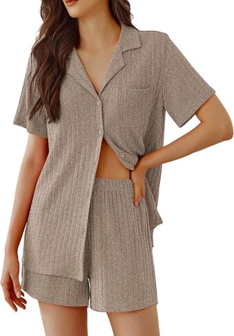 Ekouaer Pajamas 2 قطعة صالة مجموعات مضلعة المتماسكة زر النوم لأسفل سراويل ملابس صالة PJS Summer Summer S-XXL in Saudi Arabia