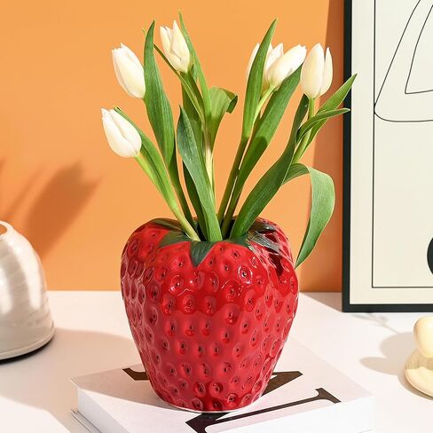 Strawberry Vase for Flowers, Dusty Pink Ceramic Fruit Vase, Strawberry Shaped Planter Pot with Green Leaves and Black Seeds for Table Centerpiece, Home Spring Kitchen Decor in Saudi Arabia
