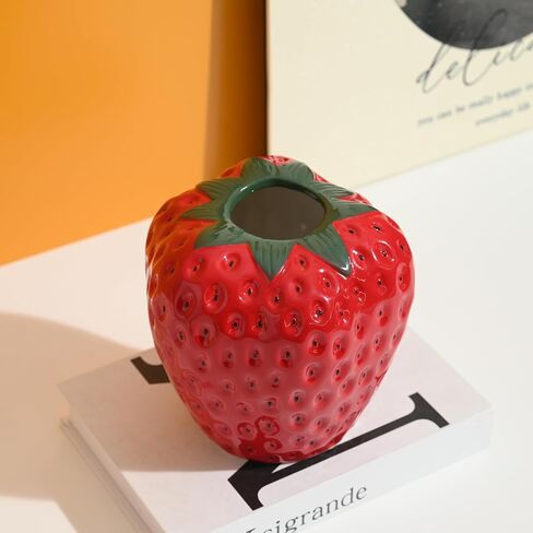 Strawberry Vase for Flowers, Dusty Pink Ceramic Fruit Vase, Strawberry Shaped Planter Pot with Green Leaves and Black Seeds for Table Centerpiece, Home Spring Kitchen Decor in Saudi Arabia